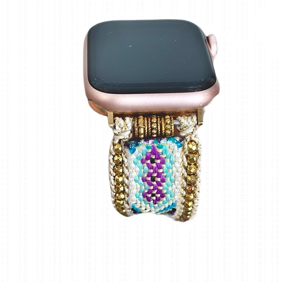 Handwoven Boho Apple Watch Band with Gold Beading – Adjustable Bracelet Strap - Picture 2 of 7